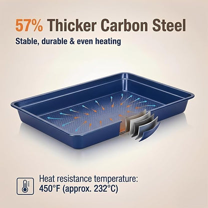 SAKER 3 Pack Nonstick Baking Sheet Set, Carbon Steel Cookie Pan with Cooling Rack, Even Heat Distribution & Warp-Resistant for Oven Baking, Roasting & Cooking (Blue)