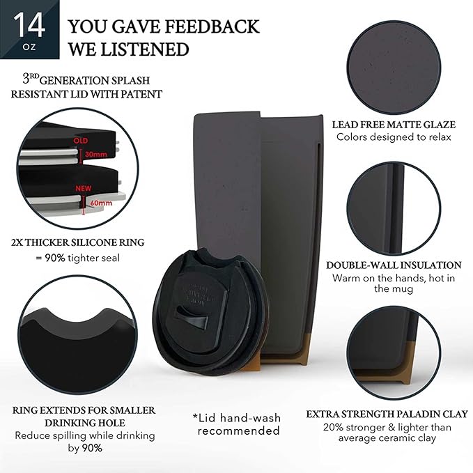 Mora Double Wall Ceramic Coffee Travel Mug with Lid, 14 oz, Portable, Microwave, Dishwasher Safe, Insulated Reusable Tall Cup, Splash Resistant Lid - To Go Tumbler for Car Cup Holder, Nightwaves