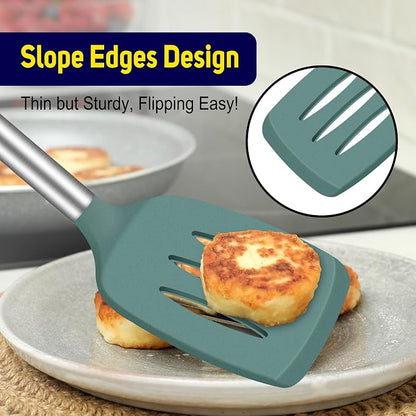 HOTEC Silicone Spatula Set of 2 Heat-Resistant 600F & BPA-Free Kitchen Spatula Turner with Stainless Steel Handles, Slotted & Solid Spatulas for Nonstick Cookware, 13.7 Inch, Sage Green