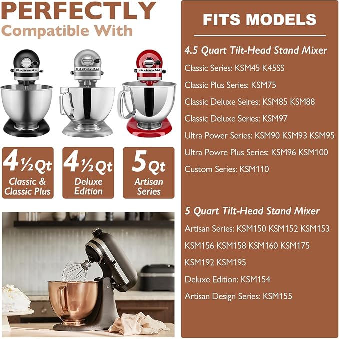 5 Quart Stainless Steel Mixer Bowl for Kitchenaid Classic&Artisan Tilt Head Mixer, Fit for KSM75, KSM90, KSM150, Radiant Copper, 1.75Lb, 0.8MM Thick, Heavy Duty, Dishwasher Safe, Ergonomics Handle