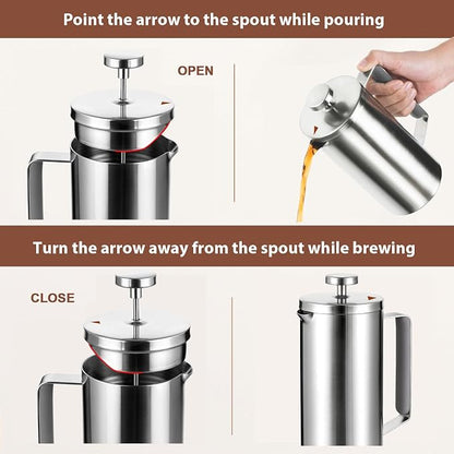 600ml Small French Press Coffee Maker, Double Wall Stainless Steel Coffee Press Pot with Detachable Filter, Cool Touch Insulated Handle, Dishwasher Safe Portable Brewer for Home Camping Travel