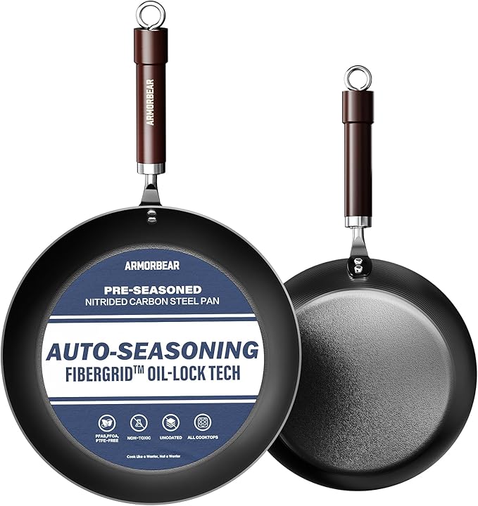 2-Piece Auto-Seasoning Carbon Steel Pan Set 10 & 12 Inch, Deep Nitrided Skillets Professional Cookware Bundle, Pre-seasoned, Wooden Handle, PFAS & PFOA-Free