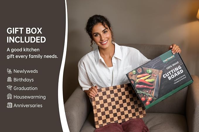 THETCHRY Cutting Boards for Kitchen, Checkered Wood Cutting Board, Walnut Chopping Board with Juice Grooves & Handles, Butcher Block Serving Tray with Gift Box 16.5" x 11.6" x 0.8"