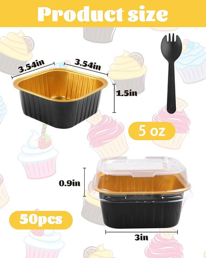 50 Pack 5oz Square Mini Cake Pans with Lids and Spoons,Aluminum Foil Baking Cups,Disposable Mini Loaf Pans Ramekins for Brownie, Cheesecake, Mousse & Wedding Party Favors-Black