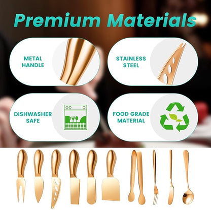 LifeMusican Rose Gold Cheese Knife Set, Cheese Butter Spreader Knife Slicer knives With Serving Tongs, Spoons, Forks, Flags Cheese Markers, Wooden Honey Dipper For Charcuterie Board Accessories