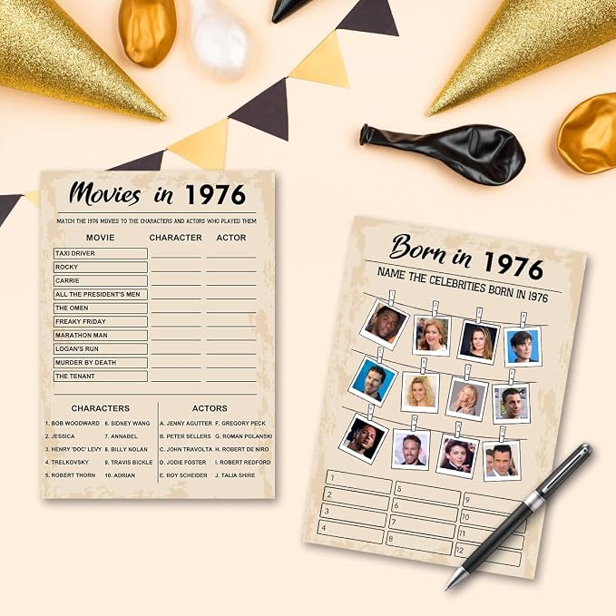 QUPT 50th Birthday Party Games, Born in 1976 Games Bundle, Set of 5 Activities for 10 Guests, Birthday Party Supplies for Adults, Pack of 50 Cards