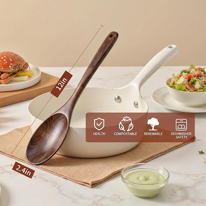 12 Inch Wooden Cooking Spoons, Long Handle Wooden Spoons, Heat Resistant, Large Wood Spoon for Cooking Serving Mixing Salads and Nonstick Cookware (2 PCS)