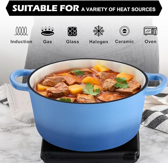 TeamFar 5Qt Dutch Oven, Enameled Cast Iron Dutch Oven with Lid & Dual Handles for Cooking Baking Braising Simmering, Healthy & Sturdy, Oven & Various Stovetops Safe, Non-stick & Easy Clean - Blue