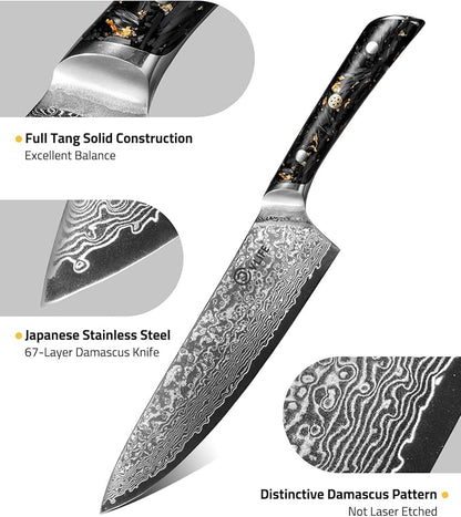 CVLIFE Chef Knife, 8 Inch Damascus Knife with Japanese High Carbon 10Cr15Mov Core, Full Tang Ergonomic Handle for Balance & Control, Razor Sharp Kitchen Knife for Cooking with Sheath & Box