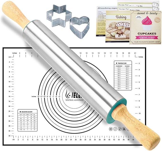 Rolling Pin Nonstick and Silicone Baking Pastry Mat Combo Kit Dough Rollers for Baking Pasta,Cookie Dough,Pastry,Bakery,Pizza