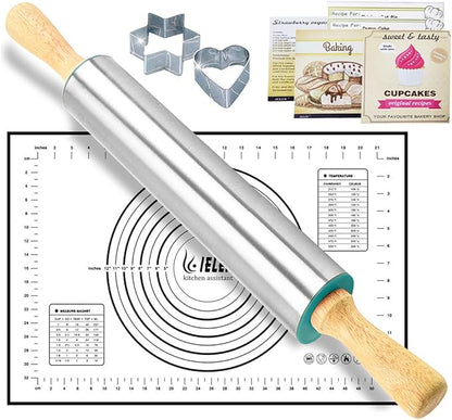 Rolling Pin Nonstick and Silicone Baking Pastry Mat Combo Kit Dough Rollers for Baking Pasta,Cookie Dough,Pastry,Bakery,Pizza