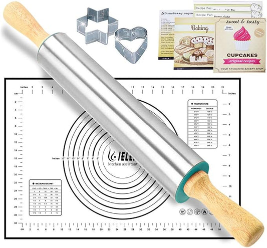 Rolling Pin Nonstick and Silicone Baking Pastry Mat Combo Kit Dough Rollers for Baking Pasta,Cookie Dough,Pastry,Bakery,Pizza