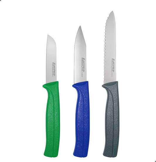 Kitchen Knife Set, MATTSTONE HILL Paring Knife Set - 4.7" Serrated Utility Knife, 3.5" Fruit & Vegetable Paring, 3" Flat Edge Peeling, German High Carbone Steel, Gray, Blue, Green