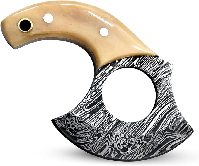 Custom Damascus Steel Ulu Knife Traditional Alaskan Ulu Multi-Purpose Pizza Cutter,Vegetable Chopping, Boning Slicing Cutting Camel Bone Handle Leather Sheath (SUB-03)