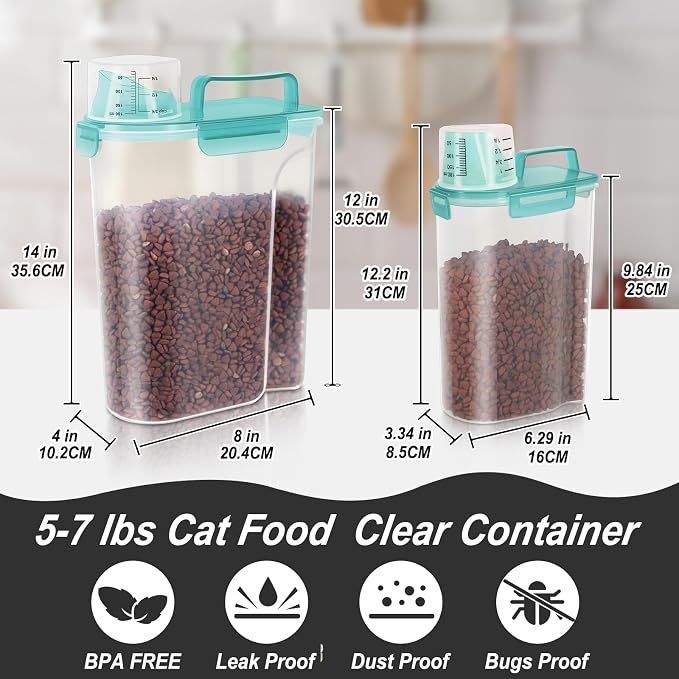 LEAWALK 5-7Lbs Dog Cat Food Storage Container with Upgraded Large Nozzle BPA-free, 4 Snap Seals Plastic Pet Food Storage Containers with Handles (Clear Blue, (5L+3L) 2pack)