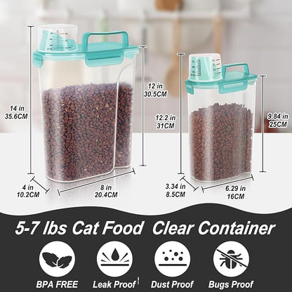 LEAWALK 5-7Lbs Dog Cat Food Storage Container with Upgraded Large Nozzle BPA-free, 4 Snap Seals Plastic Pet Food Storage Containers with Handles (Clear Blue, (5L+3L) 2pack)