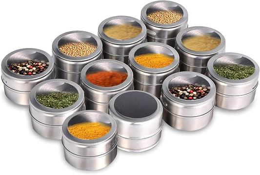 Magnetic Spice Jars,12 Pcs Stainless Steel Spice Tins with Lid and Small Holes for Sprinkle Rust Free Easy to Clean Includes 94 Labeling Stickers