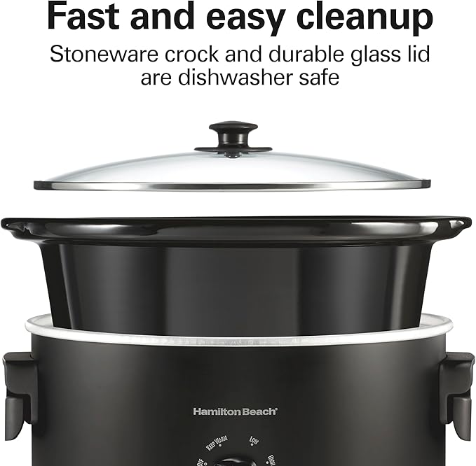 Hamilton Beach 6 Quart Slow Cooker with Space-Saving Folding Handles, 3 Heat Settings, Dishwasher Safe Stoneware Crock and Glass Lid, Black (33664)