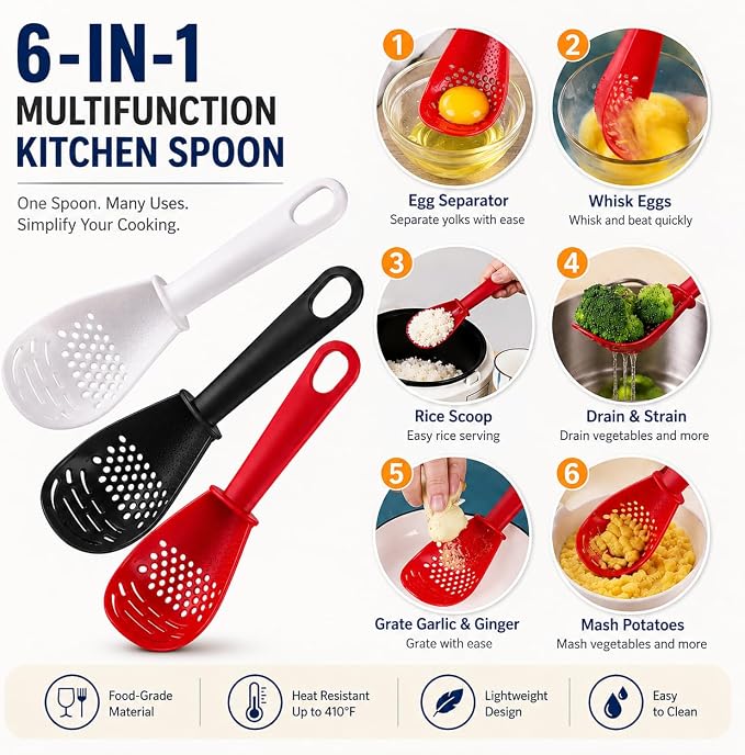 3 Pack Multifunctional Kitchen Cooking Spoon, Muulaii 6 in1 Kitchen Gadgets Strainers for Egg Yolk Separator- Grater Masher- Colander Skimmer Scoop