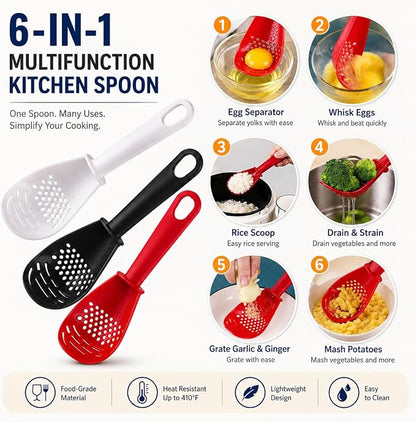 3 Pack Multifunctional Kitchen Cooking Spoon, Muulaii 6 in1 Kitchen Gadgets Strainers for Egg Yolk Separator- Grater Masher- Colander Skimmer Scoop