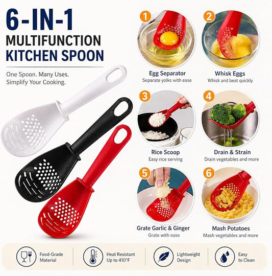 3 Pack Multifunctional Kitchen Cooking Spoon, Muulaii 6 in1 Kitchen Gadgets Strainers for Egg Yolk Separator- Grater Masher- Colander Skimmer Scoop