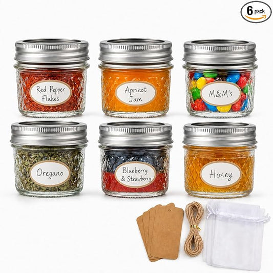 4 oz Glass Jars with Lids, 6 Pack Small Mason Jars with Gift Bags & Tags, Rustproof Airtight Mini Glass Jars, Straight Sided Jelly Jars for Baby Food, Spice, Jam, Candle Making & Favors