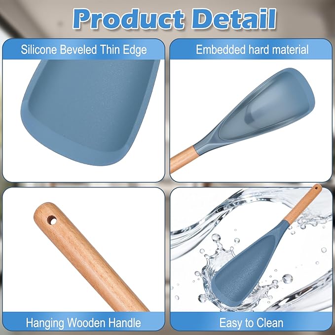 Cooking Spoon Set with Wooden Handle, Heat-Resistant Kitchen Utensils for Stirring, Mixing, Serving, Non-Stick Cookware (BLUE - 1Pack)