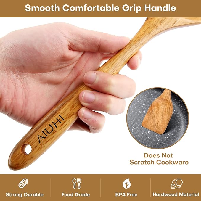 AIUHI Wood Spoons for Cooking, Nonstick Kitchen Utensil Set, Wooden Spoons Cooking Utensil Set Non Scratch Natural Teak Wooden Utensils for Cooking (Teak 8 Pack)
