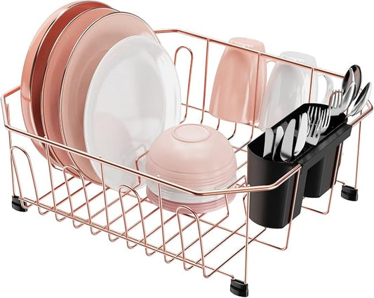 GSlife Small in Sink Dish Drying Rack - Stainless Steel Compact Dish Drainer for RV Kitchen Apartment Sink, Rust Resistant Inside Sink Rack, 1–2 Person Households, 13.1" W x 14.4" L, Rose Gold