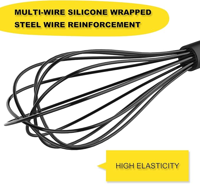 NileHome Silicone Whisk Set 8" 10" 12" Kitchen Whisk Kitchen Wisk Wire Whisks for Cooking, Whisking, Blending, Beating, Stirring-Black 3 Pack