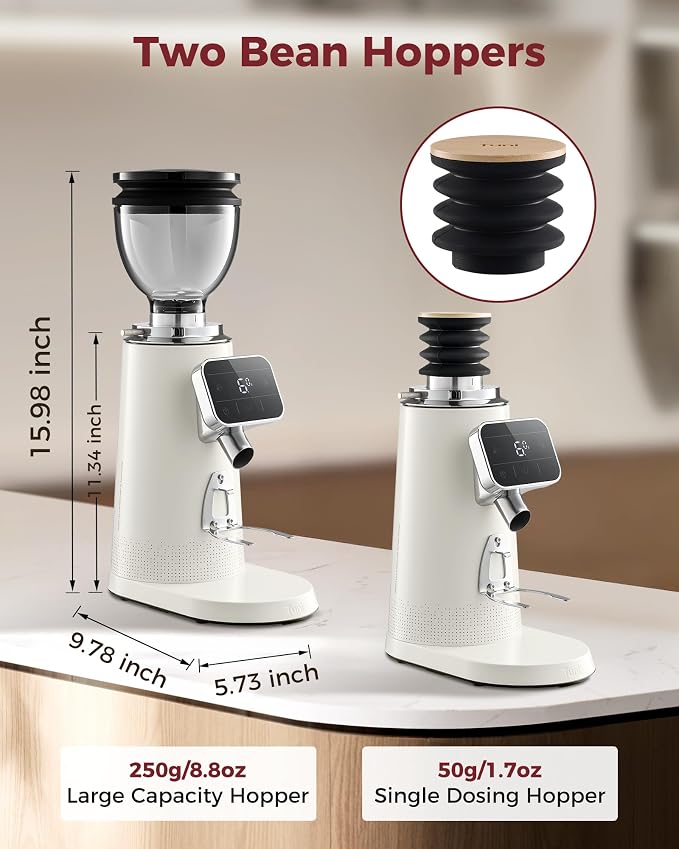 Tuni G3 Commercial Grade 64mm Flat Burr Coffee Grinder, 100 Grind Settings Electric Espresso Grinder with Single Dose, Touchscreen Display & Anti-Static Tech, All-Metal Stainless Steel Body, Ivory