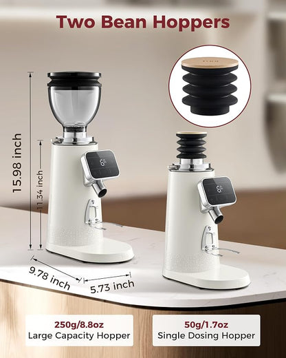 Tuni G3 Commercial Grade 64mm Flat Burr Coffee Grinder, 100 Grind Settings Electric Espresso Grinder with Single Dose, Touchscreen Display & Anti-Static Tech, All-Metal Stainless Steel Body, Ivory