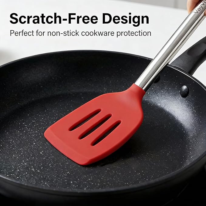 Vayvnt 4 PCS Silicone Kitchen Utensils, Large Cooking Utensils Set for Nonstick Cookware, Silicone Spatula Set Includes Spoons and Turners, Kitchen Essentials for Cooking, Dishwasher Safe, Red