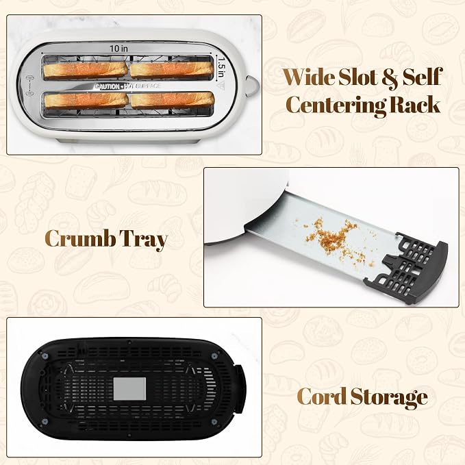 Tesslux 4 Slice Toaster with Touch Screen Control, 1.5" Wide Long Slots, 6 Browning Levels & 6 Bread Types, Digital Timer, Memory, Defrost, Reheat (White, 4 Slice)