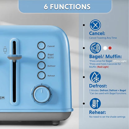 BUYDEEM DT640 4-Slice Toaster, 7 Shade Settings, Extra Wide 1.5’’ Slots for Bagel & English Muffin, 6 Toasting Functions, Retro Stainless Steel Toaster with High Lift Lever, 1800W, Blue