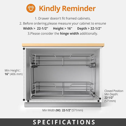 ZOINLIY Pull Out Cabinet Organizer, Versatile Slide Out Kitchen Organizers and Storage,Heavy Duty Drawer Cupboard Storage Basket, Smooth Sliding, Chrome Finish (2-Tiers-22¼''W×22“D)