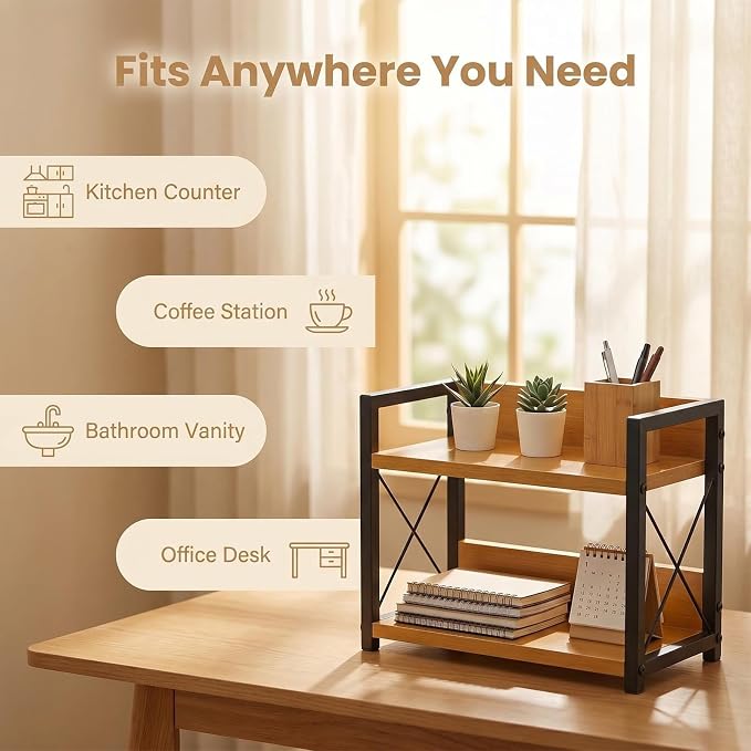 2-Tier Countertop Organizer, Iron-Wood Coffee Station Shelf, Heavy Duty Kitchen Counter Spice Rack for Coffee Bar, Pantry, Bathroom Storage (Bamboo)