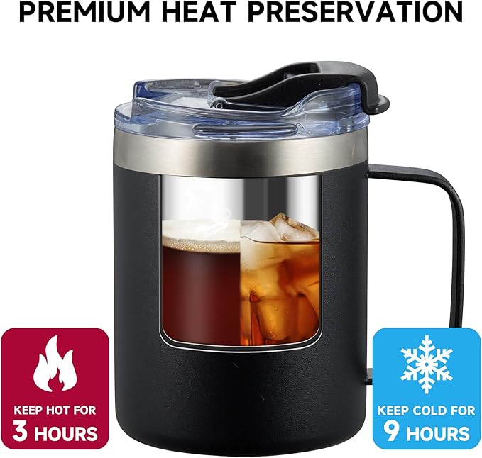 12oz Stainless Steel Insulated Coffee Mug with Handle, Double Wall Vacuum Tumbler Cup with Fliping Lid, Red, 2 Pack