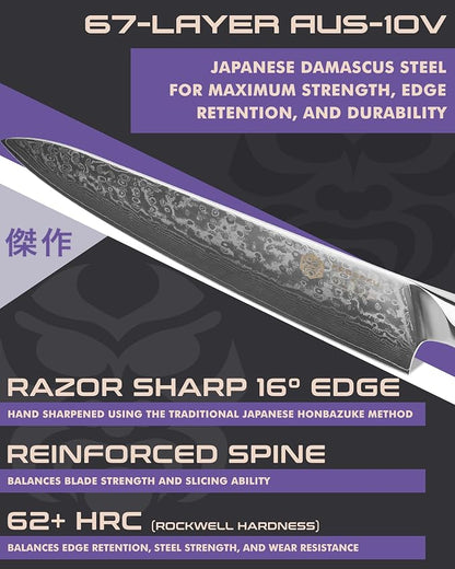 KESSAKU Chef Knife - 9.5 inch - Damascus Dynasty Series - Razor Sharp Kitchen Knife - Forged 67-Layer Japanese AUS-10V High Carbon Stainless Steel - G10 Garolite Handle with Blade Guard