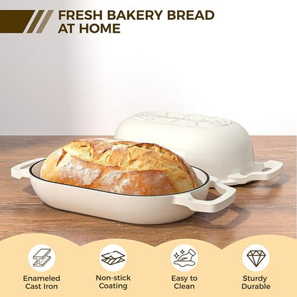 Enameled Cast Iron Dutch Oven Pot with Lid, Wildone 5.5QT Bread Oven for Homemade Sourdough Bread Baking with Cotton Potholders, Oven Safe up to 500°F, Cream White
