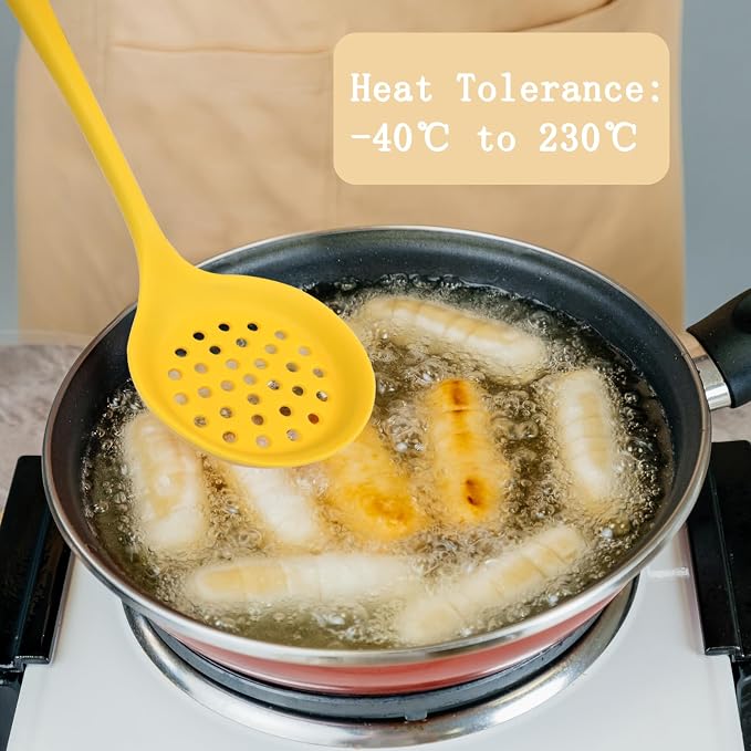 Hordion 1 Pcs Silicone Slotted Spoon, Yellow Strainer Spoon Non Stick Silicone Skimmer Heat Resistant Cooking Spoon