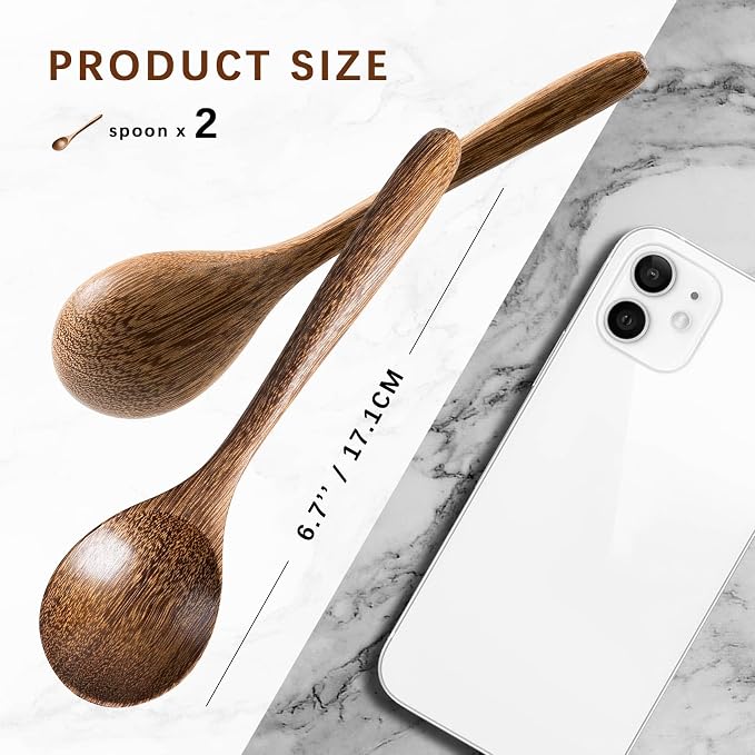 2 PCS Wooden Spoons for Honey, 6.7 inch Small Wooden Spoons - Terrific for Tea, Coffee & Soup, Little Padauk Wood Serving Table Spoon Set, Bulk Bamboo Teaspoon for Eating with Unique Design