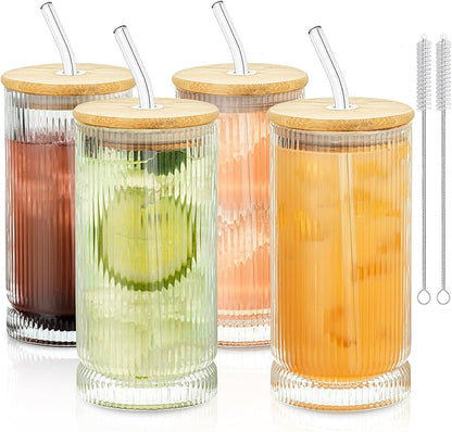 Ribbed Glass Cups With Lids And Straws, 16oz Drinking Glasses, Vintage Glassware Set of 4 Large, Origami Style Cocktail Glasses, Tumbler for Bar Beverages, Whiskey (4PCS-16 Oz With Lid And Straw)