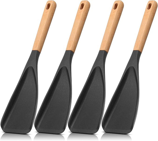 Reallnaive 4 Pack Cooking Spatula Spoon for Nonstick Cookware 12 Inch Silicone Multifunction Kitchen Spoon with Wood Handle for Cooking Serving Mixing Scoop and Scrape for Pots Pans Skillets (Black)