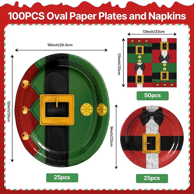 100 PCS Christmas Paper Plates and Napkins | Bundle Includes Paper Oval Dinner Plates and Napkins for Christmas Party Supplies