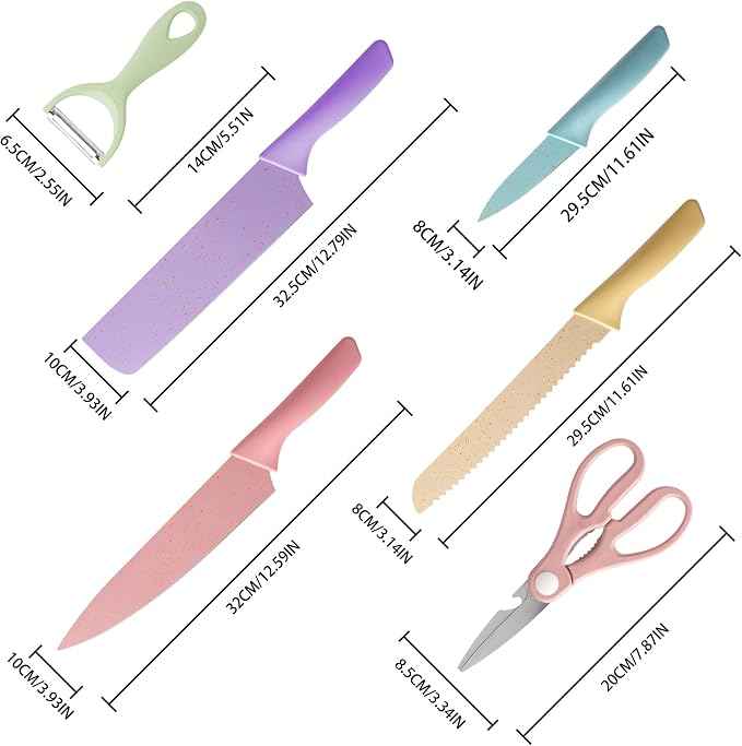 TJ POP Colorful Kitchen Knife Set 6 PCS, Colored Knives Set with Non-Stick Coating, Chef Boxed Knives Set for Cooking, Camping, Travel, Picnic, BBQ and RV