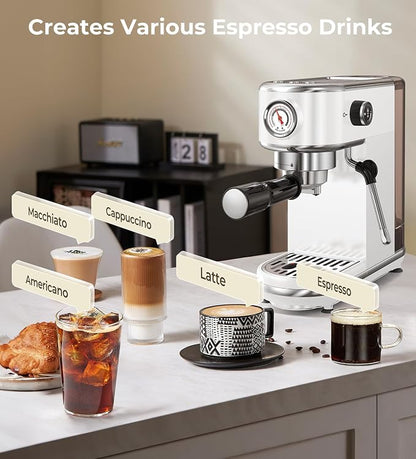 Atatix 20 Bar Espresso Machine with Milk Frother, Professional Compact Espresso Maker, Stainless Steel Coffee Machine with Precise Temp Control & 44oz Removable Water Tank for Latte, Cappuccino, White