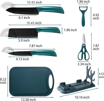 Magicorange 7-Piece Kitchen Knife Set - 5 Black Stainless Steel Knives with Sheaths, Cutting Board, and a Knife Block- Stainless Steel Kitchen Knives with PP Ergonomic Handle (Green)