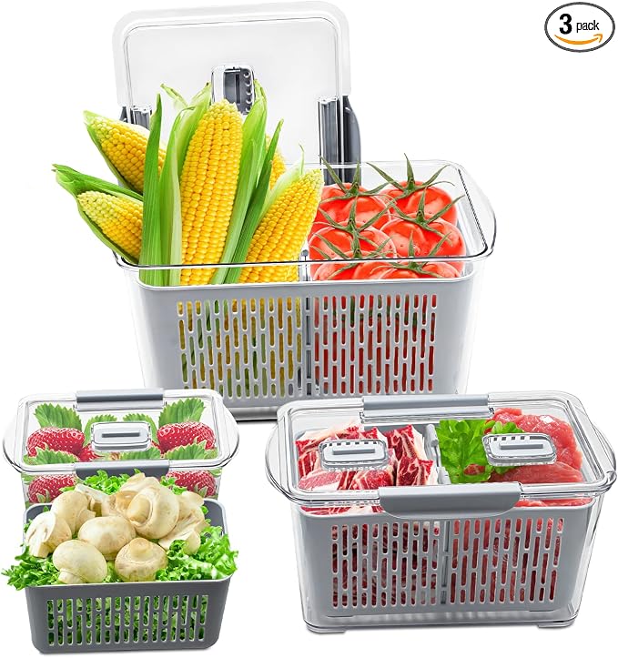 Fistone Fresh Produce Fruit Vegetable Storage Containers 3Piece Set, BPA-Free Fridge Storage Container with Lid & Colander, Fridge Organizers, Keep Fresh for Produce,Fruit and Vegetable