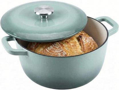 5QT Enamel Cast Iron Dutch Oven with Lid,Dual Handles,Versatile Heavy-Duty Non-toxic Cookware for Sourdough Bread Baking,Braising,Stews,Roasting,Oven Safe up to 500°F green
